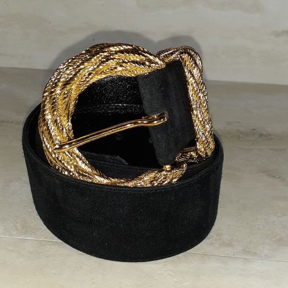 Linda Allard Accessories - Ladies Italian Sueded calfskin black & gold belt